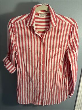 beachlunchlounge Red & White Striped Casual Button-Down Shirt, XS